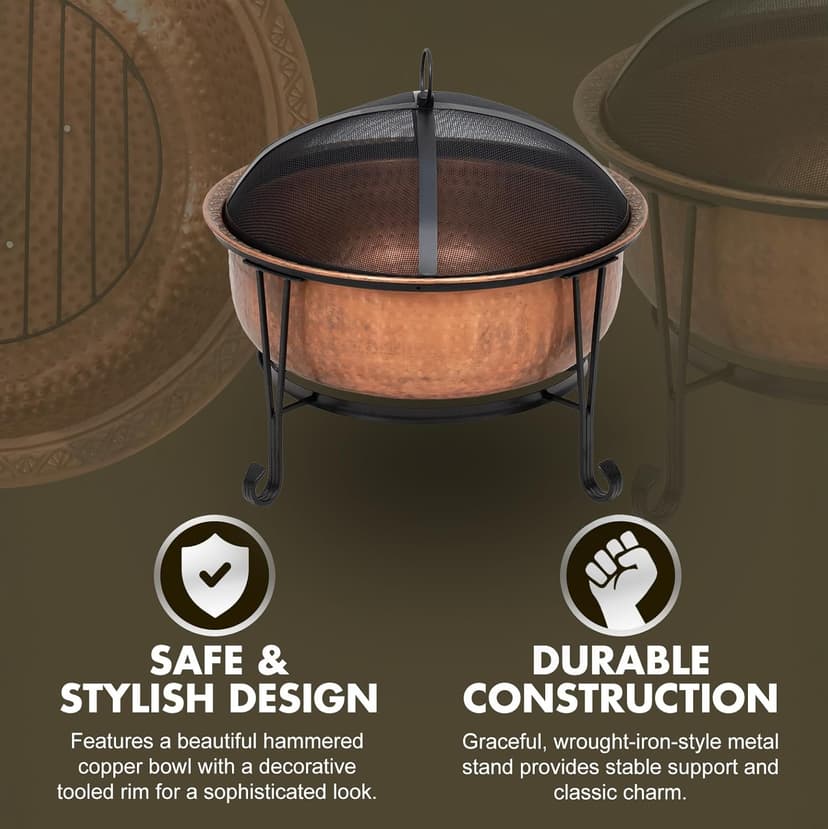 Fire Sense 62665 Fire Pit Palermo Copper with Steel Stand Wood Burning Lightweight Portable Outdoor Firepit Included Mesh Spark Screen Steel Grate Screen Lift Tool & Vinyl Weather Cover - 26.5"