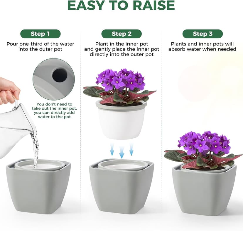 African Violet Pot Self Watering Ceramic Planter Pots, Easy Self Watering Planter for Busy Plant Lovers, Automatically Absorb Appropriate Amount of Water - Plants Not Included