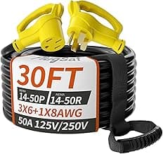 30 FT 50 Amp RV/EV Extension Cord Outdoor with Grip Handle, 4 Prong Flexible Heavy Duty 6/3+8/1 Gauge STW RV Power Cord Waterproof, NEMA 14-50P to 14-50R, Black-Yellow, ETL Listed