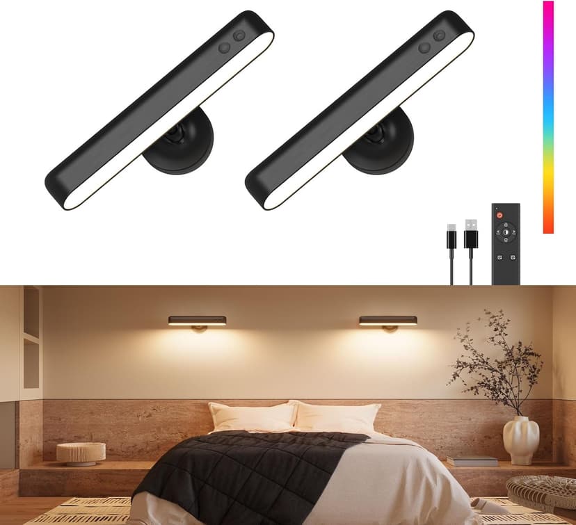 Rechargeable Wall Sconces LED Wall Lights with 7500mAh Battery Lamp for Bedroom, Touch and Remote Control, 3 Colors Wall Light 360° Rotate Dimmable Brightness with 15 RGB Colors