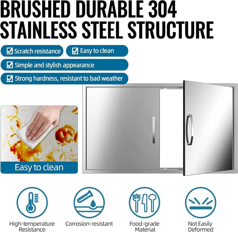Outdoor Kitchen Door 36" W x 21" H 304 Brushed Durable Stainless Steel BBQ Access Doors with Detachable Handles for BBQ Island, Grill Station, and Outdoor Cabinets