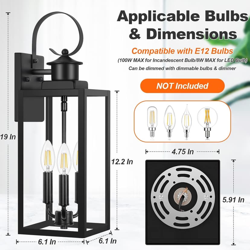 Outdoor Wall Light Fixture, 3-Light 19” Large Waterproof Outside Wall Mounted Sconce Light Fixture with Clear Glass Shade, Black Anti-Rust Exterior Wall Lantern for House, Front Porch, Garage