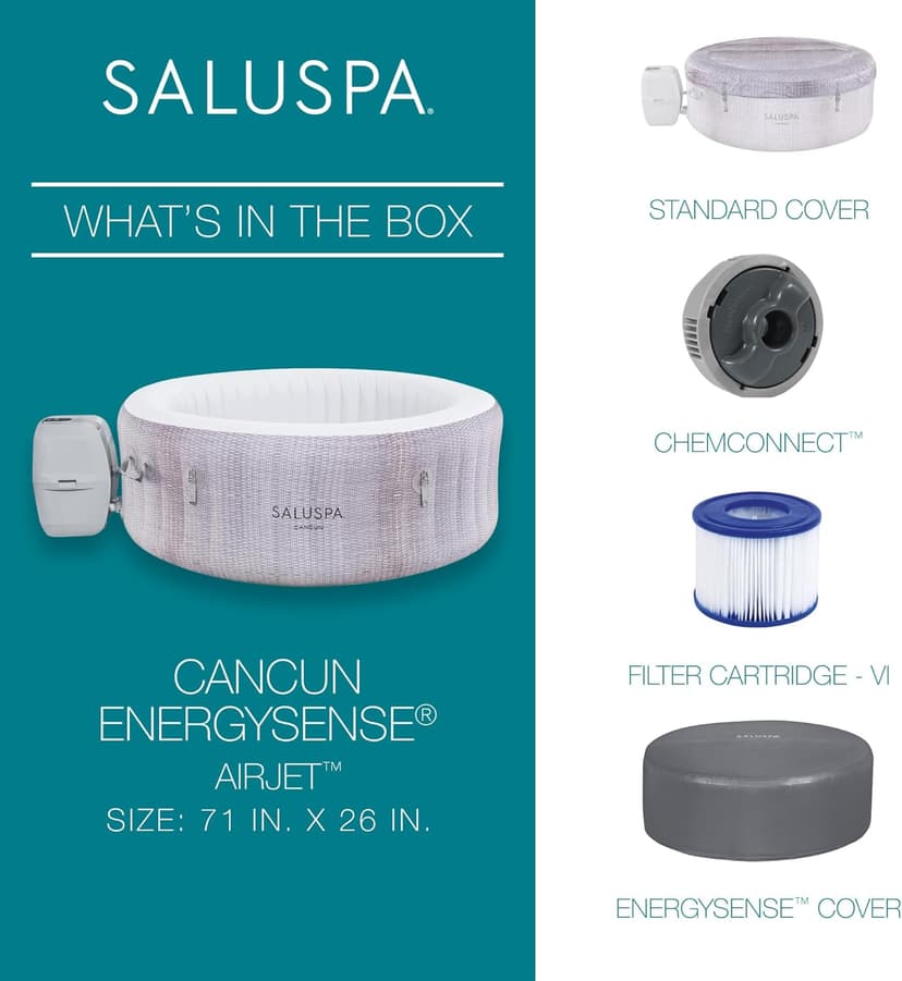 Bestway SaluSpa Cancun 71" x 26" Inflatable Hot Tub Round Portable Outdoor Spa with 120 AirJets and EnergySense Energy Saving Cover, Grey
