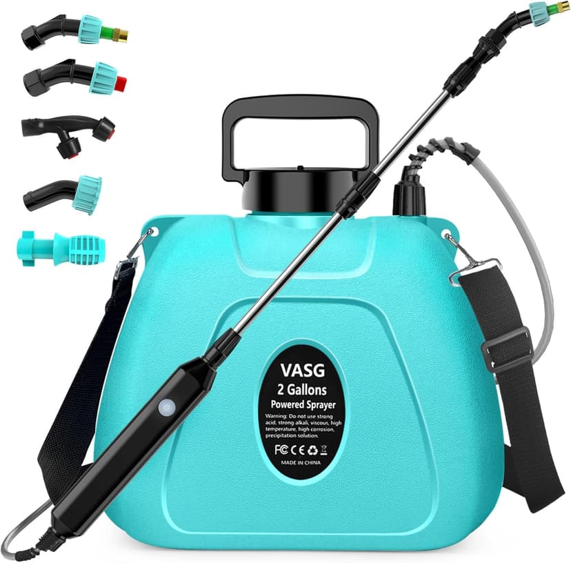 Battery Powered Garden Sprayer 2 Gallon, Electric Backpack Sprayer, Weed Yard Lawn Sprayer with 5 Mist Nozzles & Retractable Wand & Adjustable Strap for Lawn, Garden, Yard
