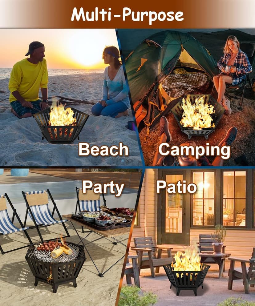 22.5 Inch Portable Plug Fire Pit for Camping, Detachable Outdoor Wood Burning Firepit with Carrying Bag for Outside Patio Heating, Picnic, Bonfire and BBQ, Vertical Hollow Style