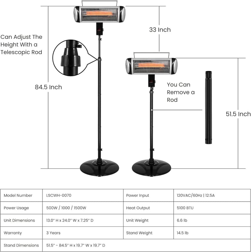 Electric Heater, Patio Heater Stand for Outdoors with 3 Heat Settings and Floor-Standing Design