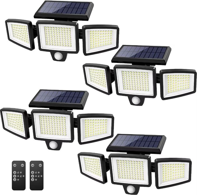 Tuffenough Solar Outdoor Lights 2500LM 210 LED Security Lights with Remote Control,3 Heads Motion Sensor Lights, IP65 Waterproof,270° Wide Angle Flood Wall Lights with 3 Modes(4 Packs)