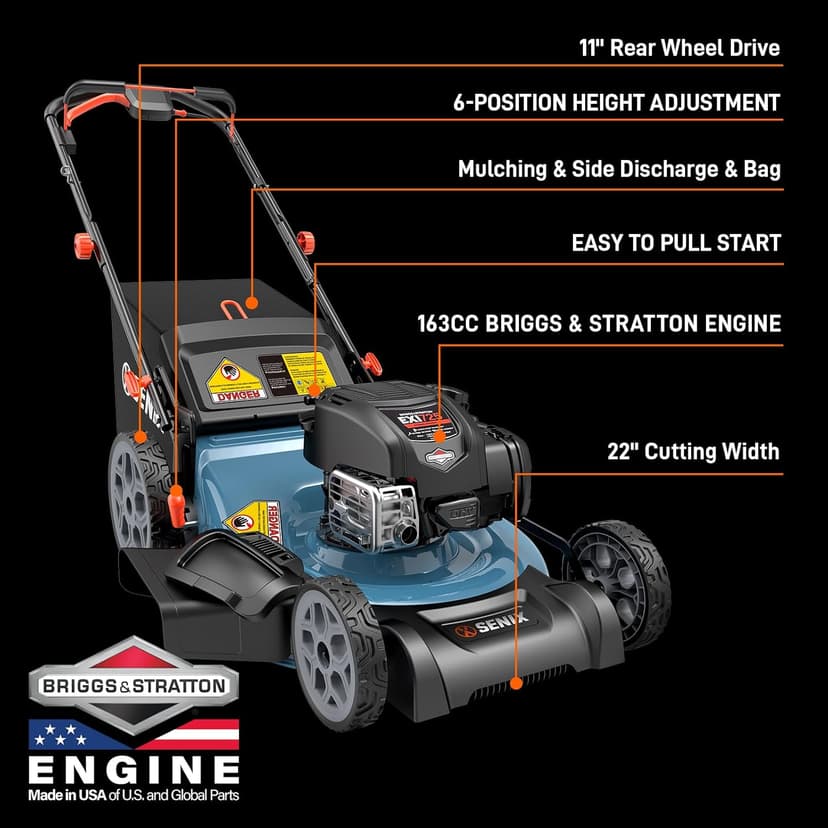 SENIX LSSG-H2 22-Inch Self Propelled Gas Lawn Mower with 163 cc 4-Cycle Engine, 3-in-1 Rear Wheel Drive Variable Speed Lawnmower, 6-Position Height Adjustment with 11-Inch Rear Wheels