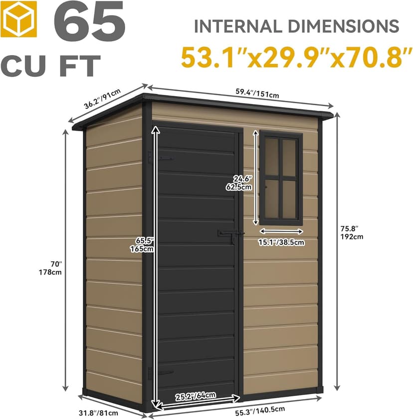 DWVO 5x3 FT Outdoor Storage Shed with Reinforced Floor, All-Weather Resin Storage Shed with Lockable Door & Window, Waterproof Plastic Tool Storage for Garden, Backyard, Patio, Lawn