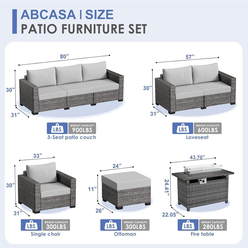 Patio Furniture Set with 44'' Fire Pit Table, 7 Piece 60,000 BTU Comfortable Wicker Rattan Outdoor Furniture Set with Propane Fire Pit, Patio Conversation Set for Porch,Deck,Poolside,Grey