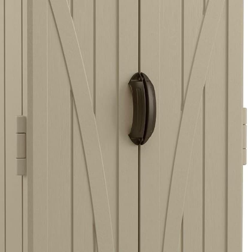 Suncast 22 Cubic Feet Capacity Tall Plastic Vertical Outdoor Shed for Garden, Backyard, Patio, or Pool Supplies Storage, Brown