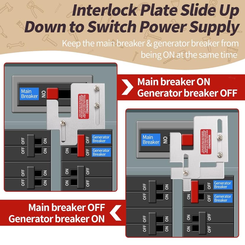 Generator Interlock Kit for Eaton/Cutler Hammer BR Series Breaker Box 150 A/200 Amp, Apply to 1 1/4 to 1 7/16 Inches Spacing Between Main and Generator Circuit Panel, Anodized Generator Lockout Kit