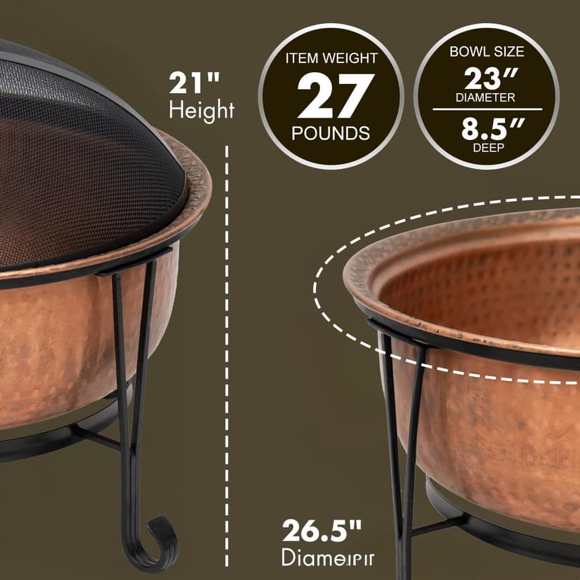 Fire Sense 62665 Fire Pit Palermo Copper with Steel Stand Wood Burning Lightweight Portable Outdoor Firepit Included Mesh Spark Screen Steel Grate Screen Lift Tool & Vinyl Weather Cover - 26.5"