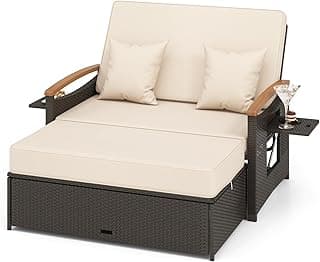Moccha Outdoor Wicker Daybed, Patio Rattan Loveseat Sofa w/ 4-Level Adjustable Backrest, Folding Panels, Storage Ottoman & Cushions, Lounge Furniture Set for Poolside Backyard Porch (Beige)