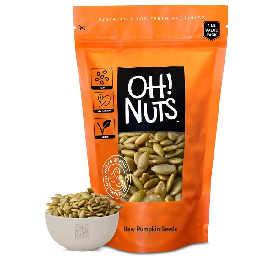 Oh! Nuts Pumpkin Seeds - Raw - 100% Natural - 1 lb - Pepitas Raw Unsalted - Packed in New York Zip-Seal Bag for Exceptional Freshness