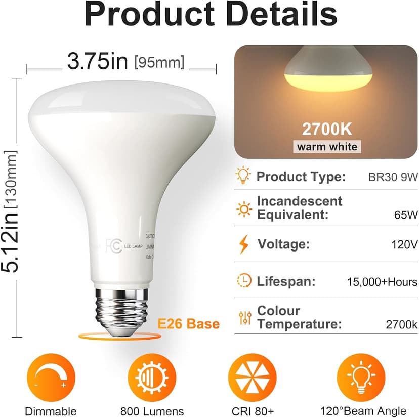 TJOY 12 Pack BR30 Flood Light Bulb Indoor, 65W Equivalent Dimmable Led Recessed Lights Bulb, 2700K Soft Warm White, E26 Base Bulbs for Kitchen Ceiling, Recessed Can, Replacement Incandescent, 9W,800LM