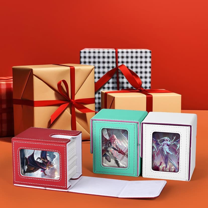 Card Deck Box with MTG Commander Display, Deck Case Holds 100+ Double-Sleeved Cards, Storage Box Fits TCG/PTCG/Sports Card with 2 Dividers, 1 Toploader (Red, White)