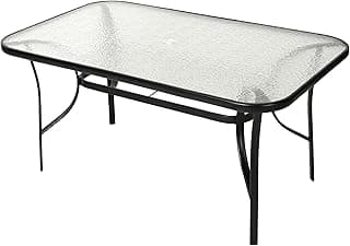 Flash Furniture Tory Rectangle Patio Table with Umbrella Hole, Commercial All-Weather Table with Heat Resistant Tempered Glass, Steel Tube Frame, 35x 59, Black