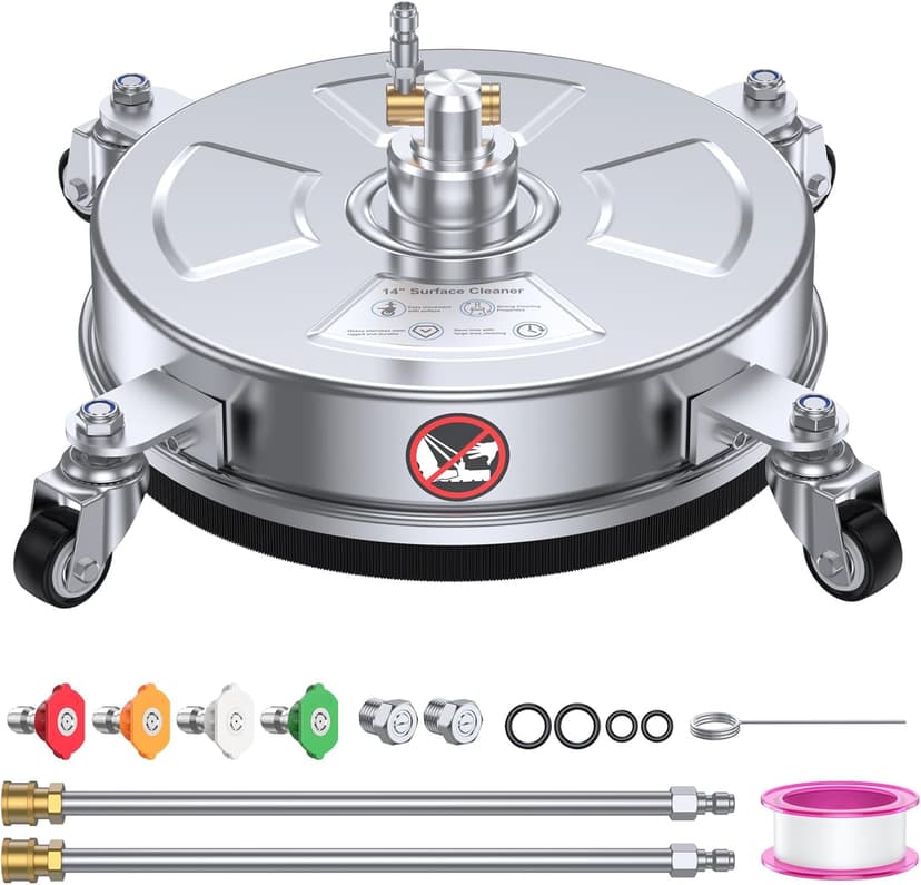 14" Pressure Washer Surface Cleaner 4500 PSI with 304 Industrial-Grade Stainless Steel Housing,1/4” Quick Plug, 4 Universal Wheels, 2 x 15 Extended Wands, 2 Replacement Nozzles, 4 Spray Nozzle Tips