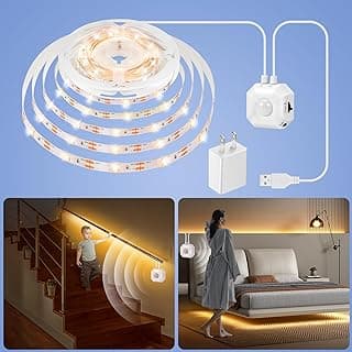 HOUHUI Motion Sensor Light Indoor Under Bed Lights, 16.4Ft Dimmable Motion Activated LED Strip Lights for Bedroom, Warm White USB Under Cabinet Lights Motion Sensor LED Strip for Kitchen Stair Closet