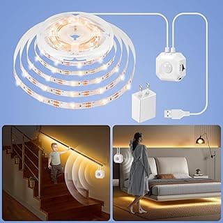 HOUHUI Motion Sensor Light Indoor Under Bed Lights, 16.4Ft Dimmable Motion Activated LED Strip Lights for Bedroom, Warm White USB Under Cabinet Lights Motion Sensor LED Strip for Kitchen Stair Closet