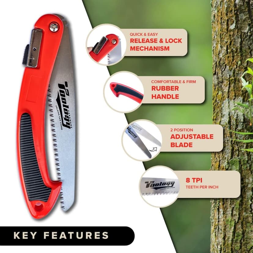 Hardware 8" Folding Tree Pruning Saw for Gardening, Survival & Camping - Wood/Tree Cutter, Bushcraft Axe with Heavy Duty SK-5 Steel (Red)