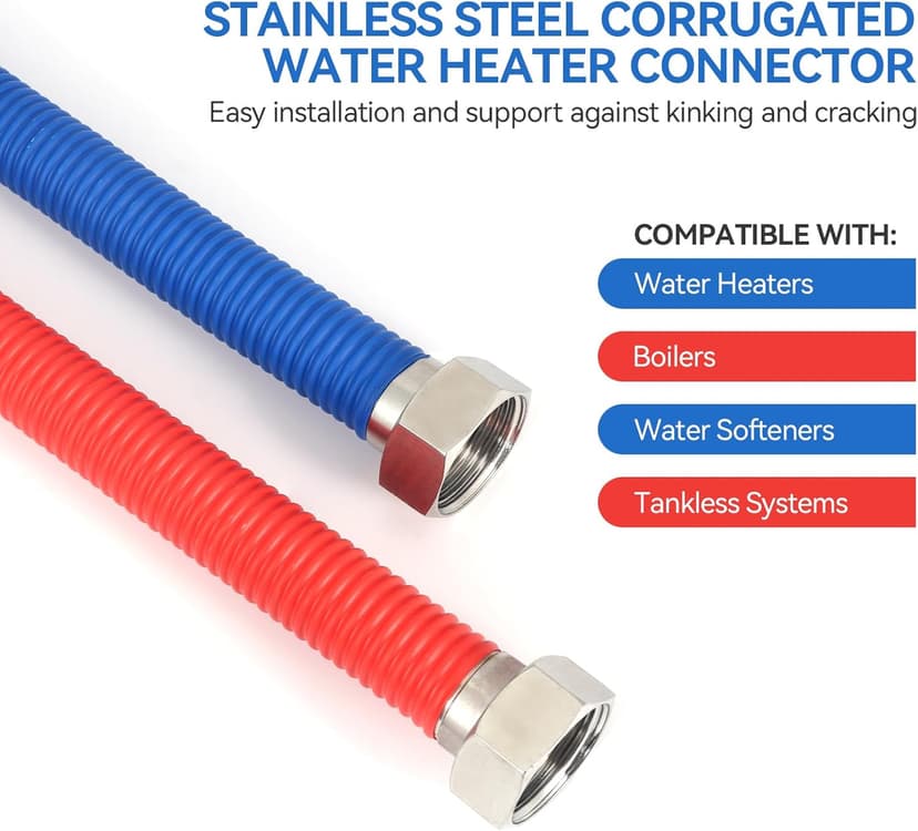 24Inch Flexible Stainless Steel Corrugated Water Heater Connector,1/2"FIP x 1/2"FIP,Flexible Water Heater Hose,Hot and Cold Color Code,304 Stainless Steel Connector and Pipe,PE Protective Layer2Pack