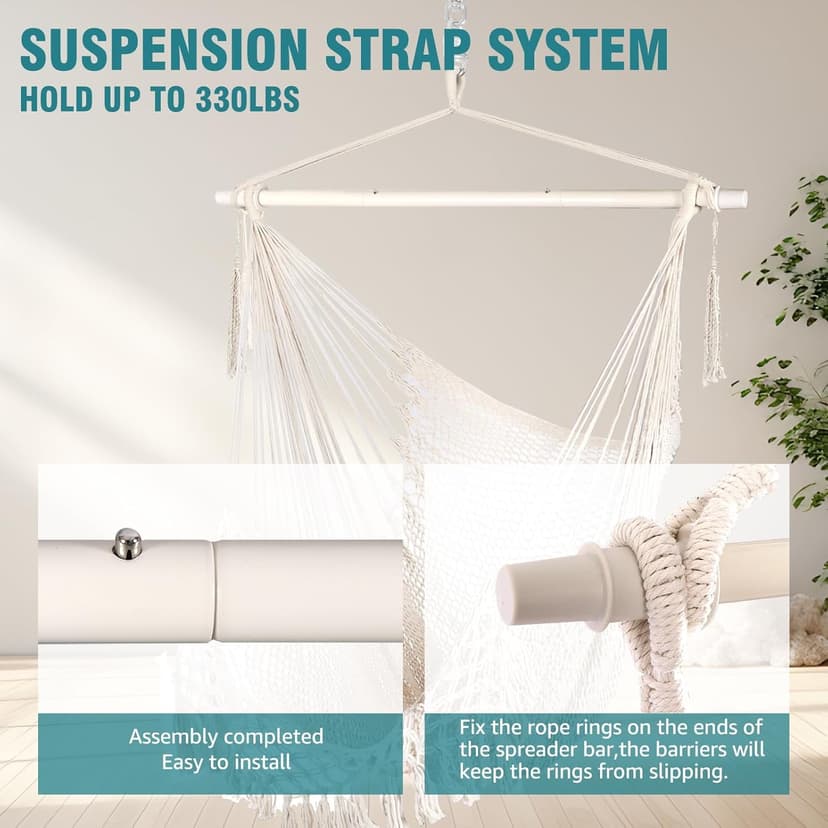 Chihee Hammock Chair Super Large Hanging Chair Soft-Spun Cotton Rope Weaving Chair, Collapsible Strong Metal Spreader Bar Wide Seat Lace Stretch Swing Chair Indoor Outdoor Garden Yard Theme Decoration