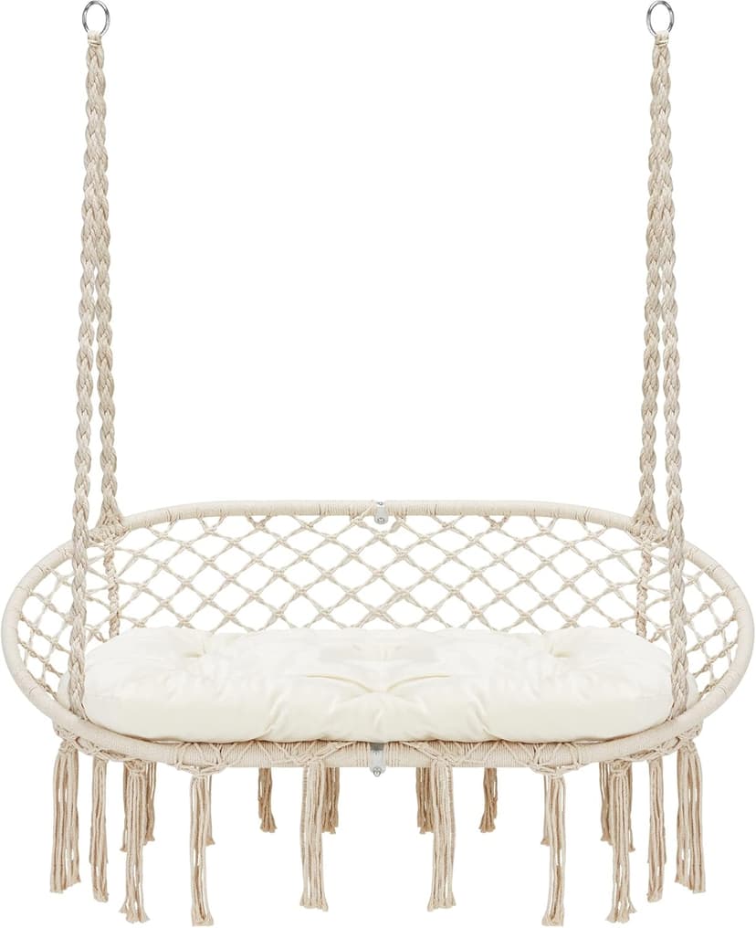 Hammock Chair Macrame Hanging Swing with Cushion,Hanging Cotton Ropes, Metal Frame, 450 lbs Capacity Indoor Outdoor, Patio, Balcony, Living,Deck, Yard, Garden(Double Swing) Beige