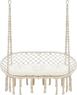 Hammock Chair Macrame Hanging Swing with Cushion,Hanging Cotton Ropes, Metal Frame, 450 lbs Capacity Indoor Outdoor, Patio, Balcony, Living,Deck, Yard, Garden(Double Swing) Beige