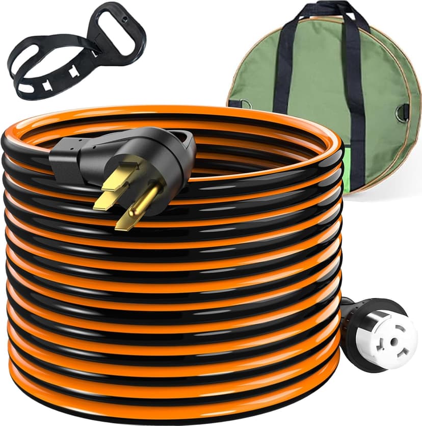 50 Amp 50 Foot RV Extension Cord, 14-50P to SS2-50R Heavy Duty STW Generator Extension Cord for RV Camper and Generator to House, with Locking Connector and Cord Organizer(50 Foot Black&Orange)