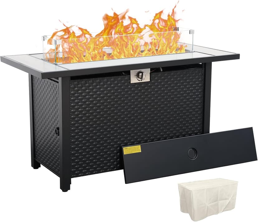 45 Inch Fire Table for Outside 60000 BTU Steel Gas Fire Pit Outdoor Fire Pit Table with Woodgrain Marble Tabletop Glass Wind Guard Cover and Blue Crystal Beads