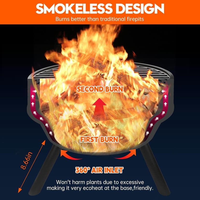 23 Inch Cast Iron Round Fire Pit with Grill, 3-in-1 Outdoor Fire Bowl, Fire Pit Table with Metal Lid and Fire Poker, Wood Burning Firepit for BBQ Bonfire Patio Picnic