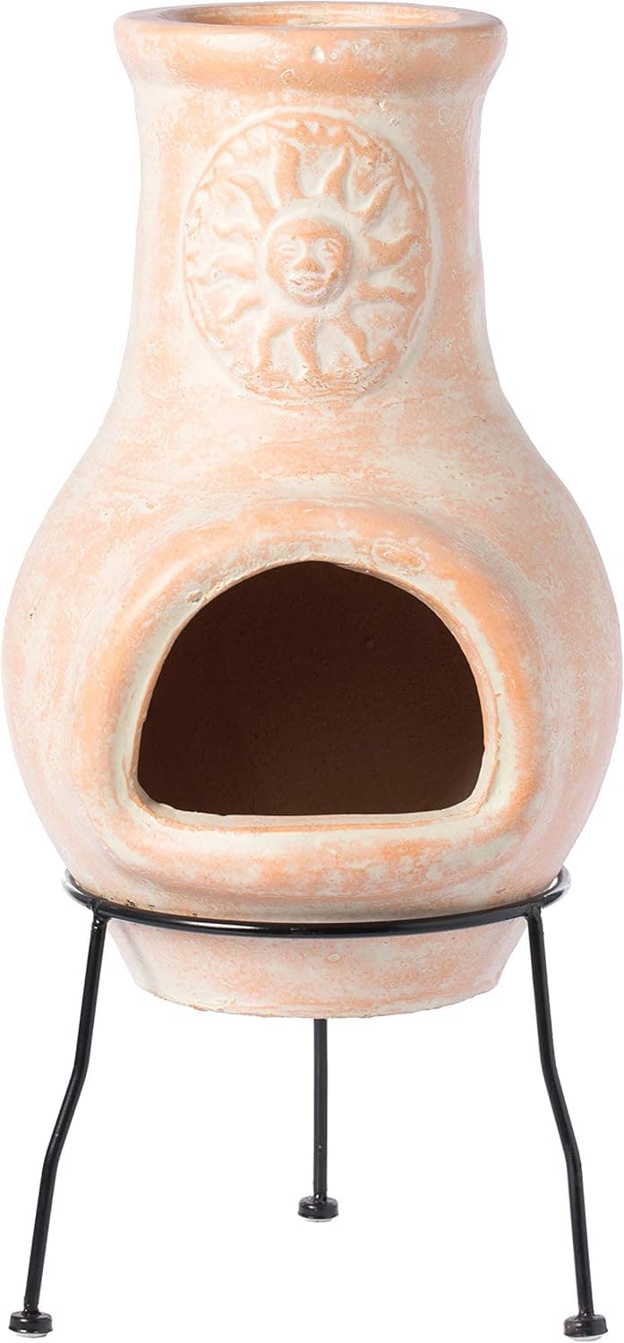 Beige Outdoor Clay chiminea Outdoor Fireplace Sun Design Charcoal Burning Fire Pit with Sturdy Metal Stand, Barbecue, Cocktail Party, Family Gathering, Cozy Nights Fire Pit