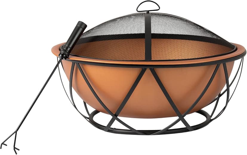 Fire Sense 62241 Fire Pit Barzelonia Copper-Look Wood Burning Lightweight Portable Outdoor Firepit Backyard Fireplace Camping Bonfire Included Screen Lift Tool & Cooking Grate - Round - 26"