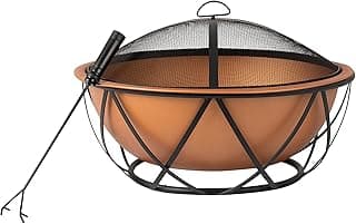 Fire Sense 62241 Fire Pit Barzelonia Copper-Look Wood Burning Lightweight Portable Outdoor Firepit Backyard Fireplace Camping Bonfire Included Screen Lift Tool & Cooking Grate - Round - 26"