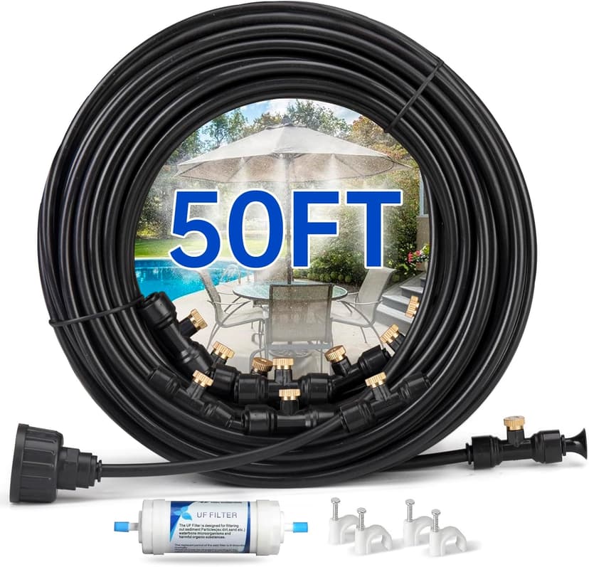 Misting Cooling System for Outdoor Patio & Garden - Brass Nozzles, UV-Resistant Tubing, DIY Installation - Water-Saving Backyard Mister for Greenhouse, Trampoline, Pool, BBQ Parties (50FT / 15M)