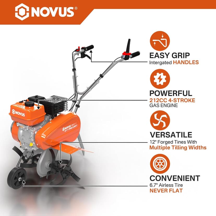 NOVUS 21-Inch Gas Tiller for Gardening, 212cc Front Tine Tiller Cultivator, 4-Cycle Engine with Toolless Adjustable Tilling Width 12"-21", Versatile Garden Tillers Gas Powered