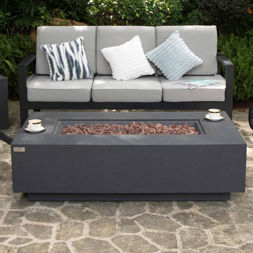 AMS Fireplace | Madison 60"x32" Rectangular Concrete Natural Gas Fire Pit Table | Dark Gray | Travertine (coarse) Texture Surface | Outdoor Patio Heater Electronic Ignition Outside Backyard Fireplace