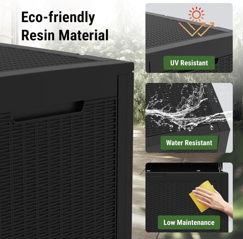 100 Gallon Waterproof Deck Box, Resin Outside Storage Box, Large Outdoor Storage Bin for Patio Furniture Cushions, Pool Supplies, Garden Tools, Weatherproof, Black