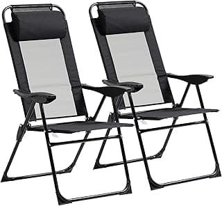 Outsunny Folding Patio Chairs Set of 2, Outdoor Deck Chair with Adjustable Sling Back, Camping Chair with Removable Headrest for Garden, Backyard, Lawn, Black