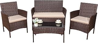 Devoko 4 Pieces Outdoor Patio Furniture Set, PE Rattan Wicker Chairs Balcony Lawn Porch Patio Furniture Sets with Beige Cushion and Table (Brown)