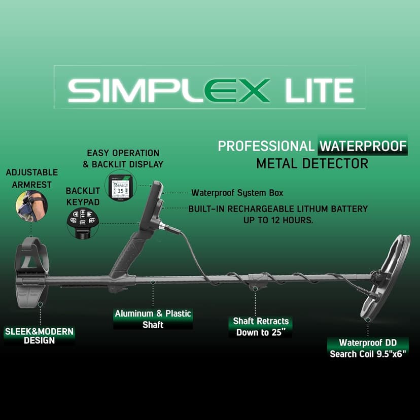 Nokta Simplex Lite Metal Detector with 9.5” Waterproof DD Search Coil, Vibration for Detecting Underwater, Beach and All Metal Search Modes