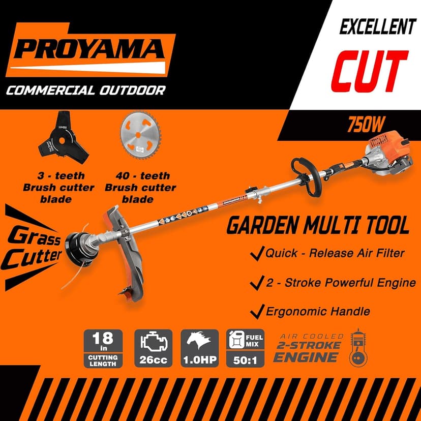 PROYAMA 26cc 6 in 1 Multi Functional Trimming Tools, Gas Hedge Trimmer, Weed Eater, String Trimmer, Brush Cutter, Edger, Pole Saw Chainsaw Pruner with Extension Pole