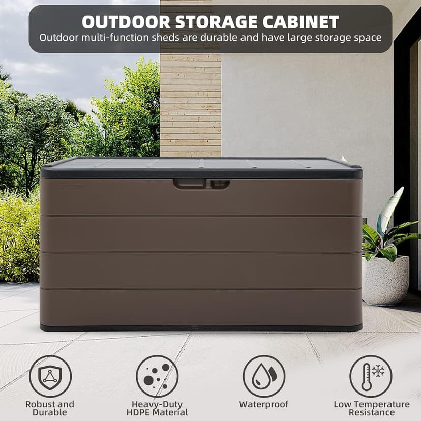 100 Gallon Elegant Pro Edition Lockable Resin Deck Box, Waterproof & UV-Resistant Outdoor Storage Box for Outdoor Cushion Storage, Tools Storage and Outdoor Delivery, Coffee
