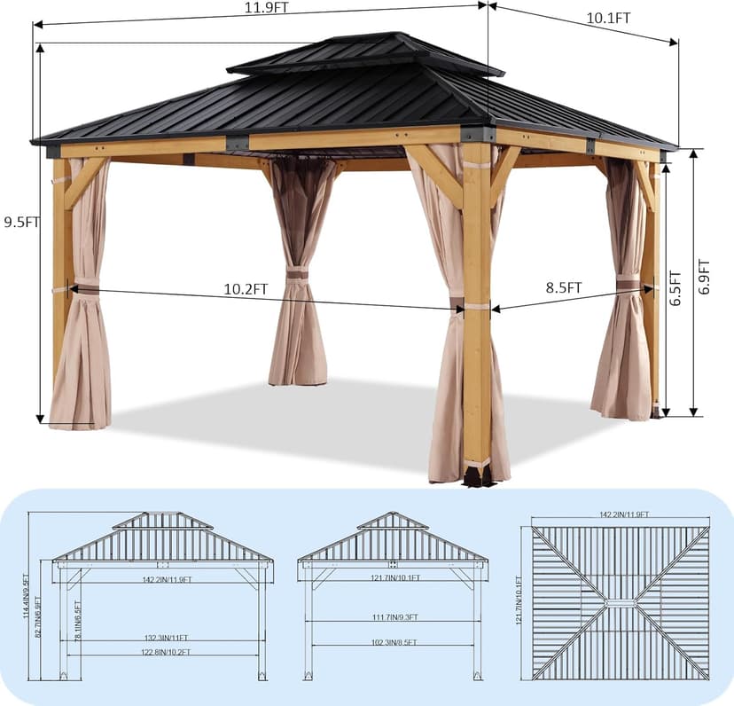 StarEcho 10'x12' Wooden Hardtop Gazebo,Wood Heavy Duty Solid Cedar Gazebos with Mosquito Netting and Waterproof Curtains,Outdoor Metal Canopy for Backyard,Lawn, Garden, Deck