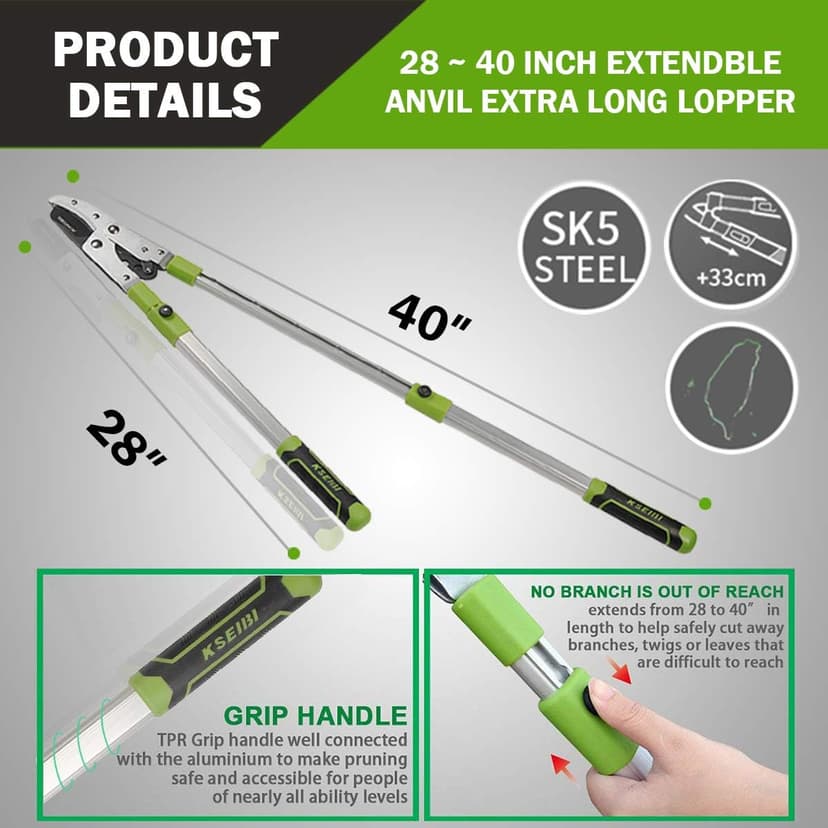 KSEIBI 252606 Anvil Lopper with Telescoping Aluminium Light-weight Handle, Tree Trimmer, Branch Cutter, Loppers, Pruning Shears, Garden Pruners Up to 2 Inch Cutting Capacity, 28 ~ 40 Inch