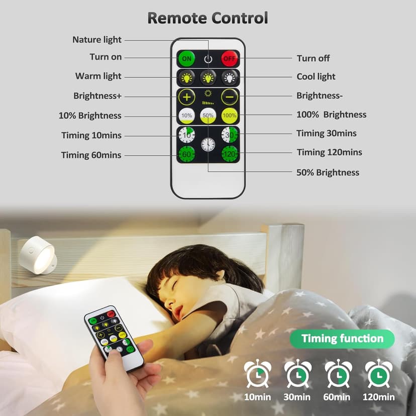 LED Wall Sconces 2 Pcs with Remote, Wall Mounted Lights Rechargeable Battery Operated, 3 Color Temperatures & Dimmable Wall Lamp Magnetic 360° Rotation Wireless Light for Bedroom Living Room