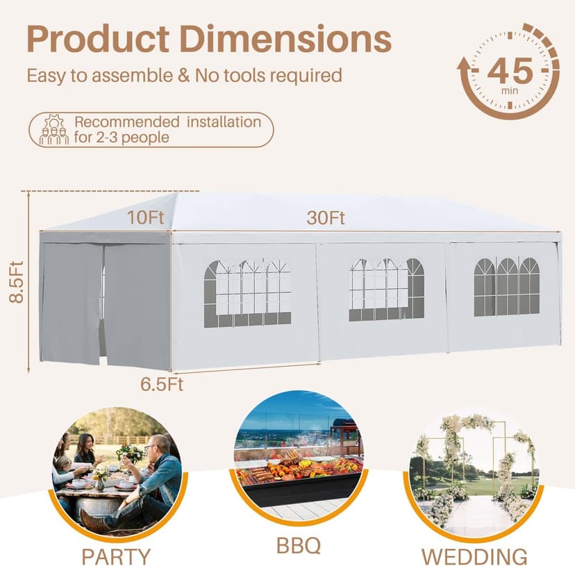 Greesum 10x30 Outdoor Canopy Tent, Patio Gazebo, for Party Wedding BBQ Events with 8 Side Removable Walls, Waterproof Canopies, White