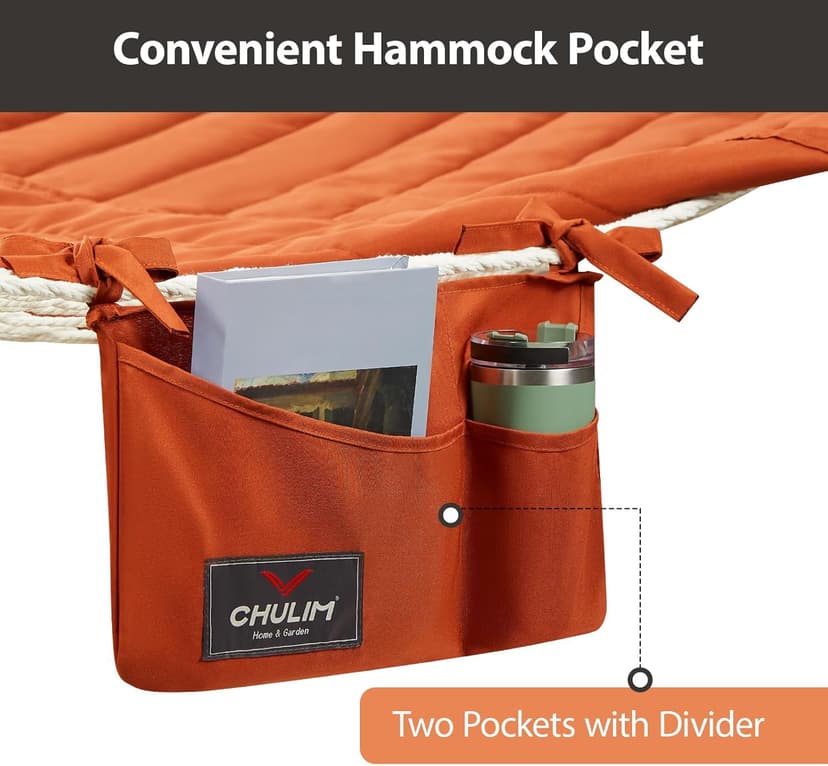 Outdoor Double Hammock with Hardwood Spreader Bars, Cotton Rope Hammock with Polyester Pad and Pillow, 475 LBS Capacity 2 Person Hammock, Large Hammock for Patio Backyard Poolside - Terracotta